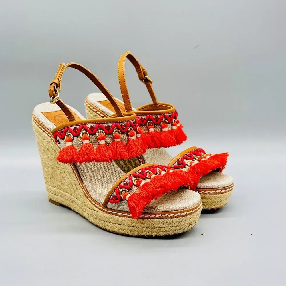 Tory Burch Sandals Womens 7.5 Beige Linen Espadrille Platform Wedge Tassel Shoes - Picture 2 of 11